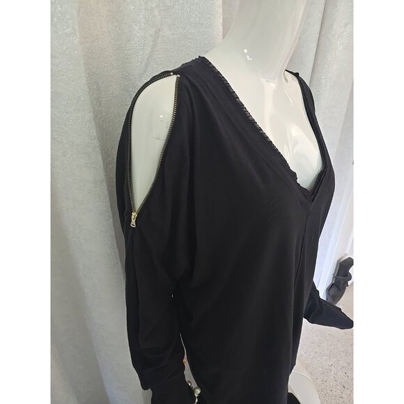 Rachel Roy Women V-Neck T Shirt Cold Zip Open Cold Shoulders Black Large Sexy - Picture 3 of 14